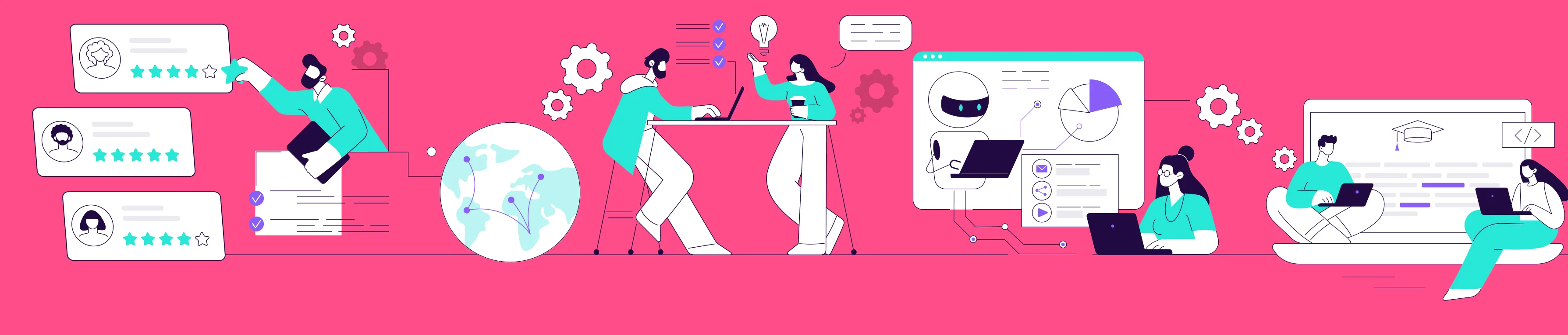 Illustration of the inevidence team gathering customer reviews, telling stories worldwide, and building AI-assisted content