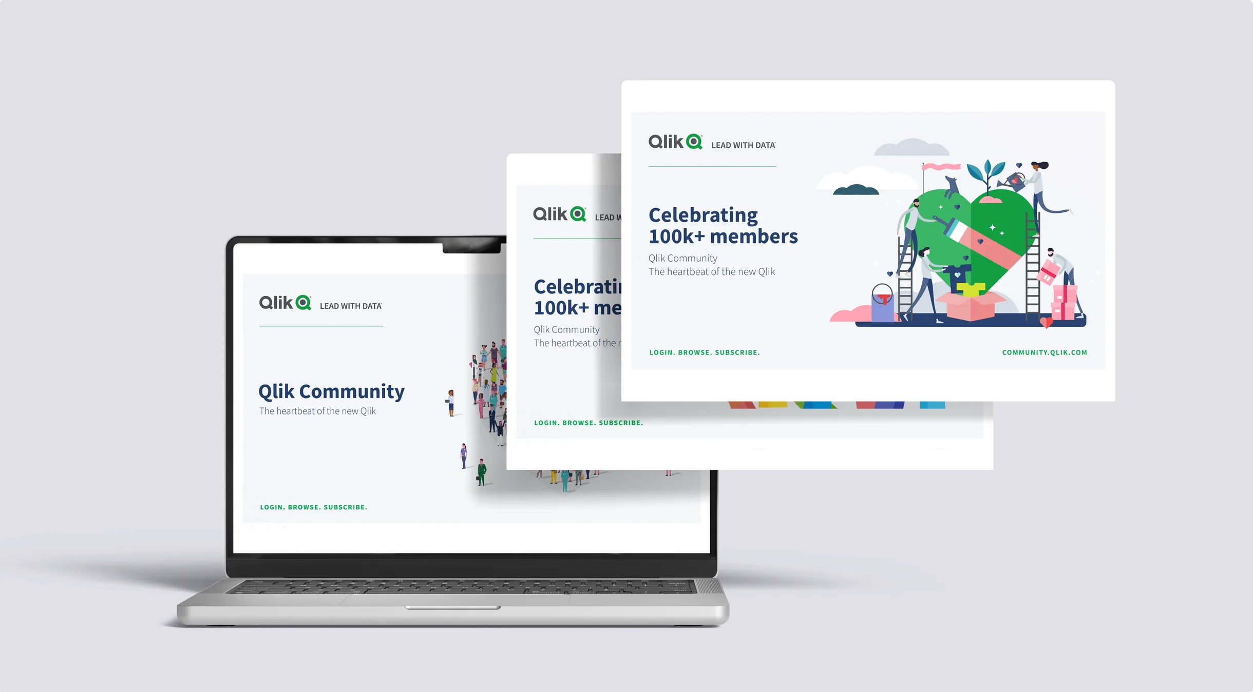 Qlik Community social posts shown on a laptop and as stacked cards, celebrating 100k+ members