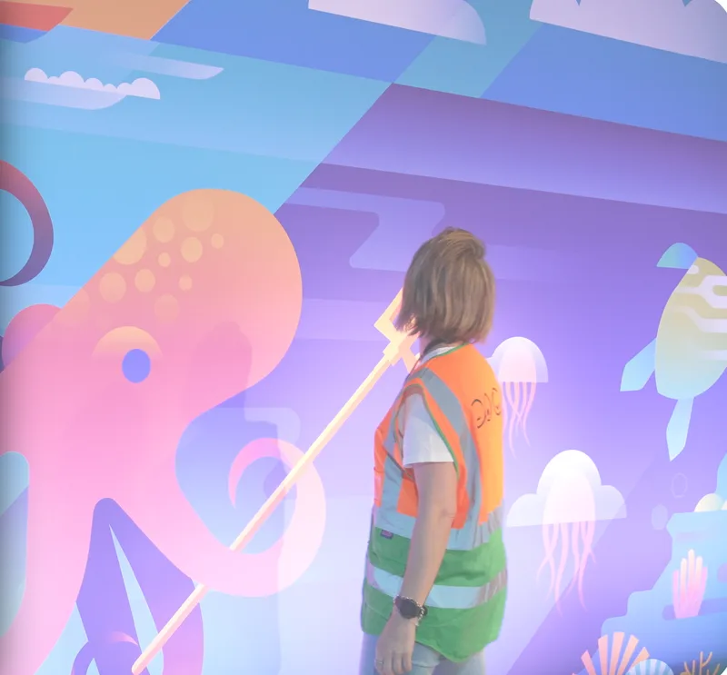 A mural made from repurposed VMware Explore fabric